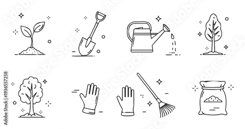 Gardening tools and nature elements line icons depicting planting, growth, and care for use in applications, educational resources, and agricultural presentations