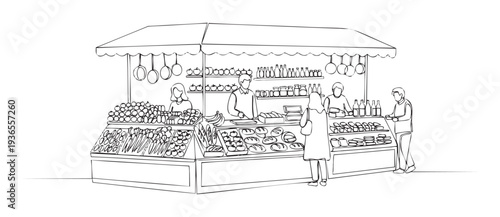 Line drawing of a vibrant outdoor market stall with vendors and customers browsing a variety of fresh produce, baked goods, and bottled products, suitable for food industry promotions and