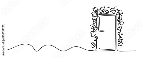 A sleek continuous line drawing illustrates a winding path approaching a simple door adorned with botanical ivy, representing new ventures and unexplored possibilities for inspiring