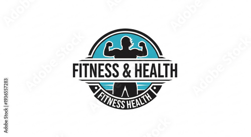 Fitness and health logo with silhouette of a person flexing muscles in blue and black colors
