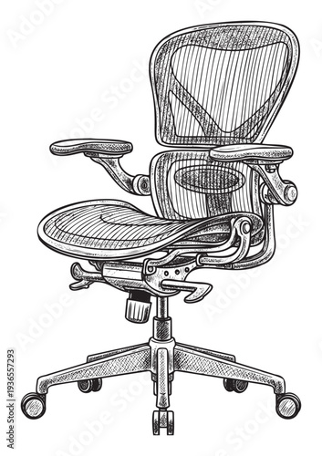 Detailed hand drawn line drawing of a contemporary ergonomic office chair featuring adjustable components and a wheeled base suitable for business environments or workspace equipment