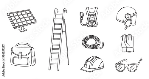 Professional collection of essential safety gear and work tools like a solar panel, ladder, hard hat, and harness for occupational safety and construction industry usage.