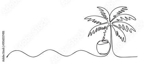 Continuous line drawing of a tropical palm tree with a coconut and a wavy beach landscape, perfect for summer vacation promotions and holiday event graphics.