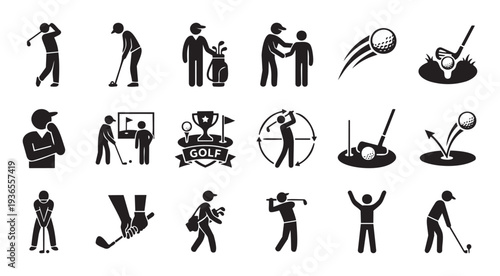 This comprehensive golf icon set features various actions including swinging, putting, walking with clubs, and celebrating, perfect for sports event promotions, instructional materials, or