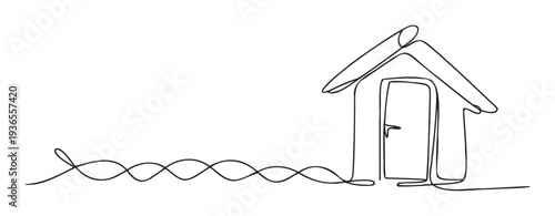 Simple house outline with a continuous wavy line symbolizing connection, journey, and stability, excellent for real estate, home ownership, or family property concepts.