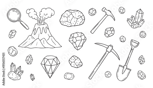 Hand drawn geology and mining tools and natural elements including a magnifying glass, erupting volcano, various rock formations, sparkling crystals, and excavation equipment for