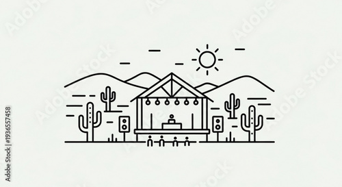 Desert landscape with house cacti and mountains under sunny sky desert scene with modern home