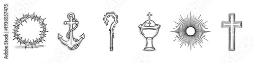Hand drawn Christian faith symbols including crown of thorns anchor cross shepherd staff chalice and radiant light for spiritual books religious education and solemn worship materials
