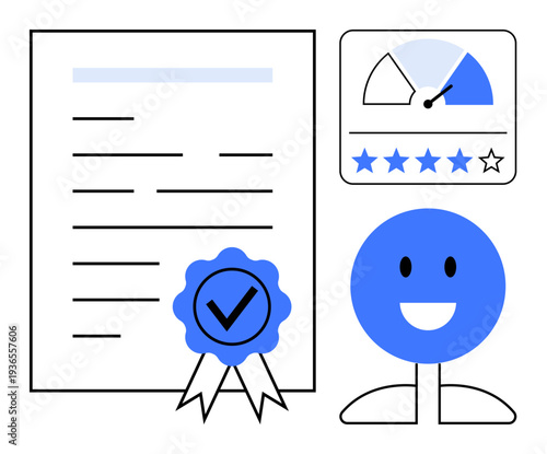 Certification concept. Certification document with badge achievement. Certification linked to quality assurance, ratings, and customer satisfaction. For accreditation, education, compliance, customer