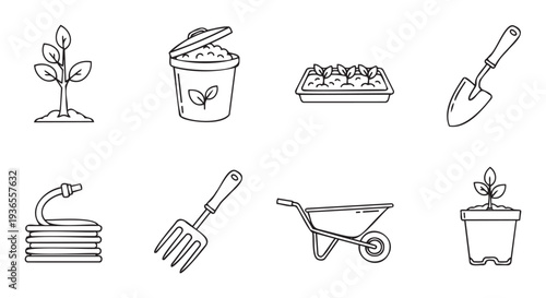 Comprehensive collection of line art gardening tools and plant growing icons perfect for horticulture applications or sustainable living content creation