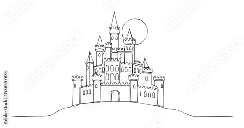 Enchanting fantasy stronghold featuring majestic towers and a grand entrance situated on a rolling landscape beneath a prominent moon suitable for storybook adventures