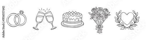 Collection of outlined monochrome icons representing love and celebration moments like marriage rings, sparkling beverage toast, festive baked cake, exquisite flower gift, and a symbolic