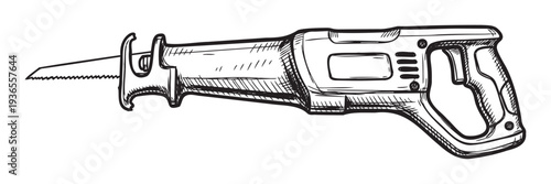 A black and white sketch of a reciprocating saw for construction, repair, and woodworking projects, ideal for toolrelated articles and instructional materials.
