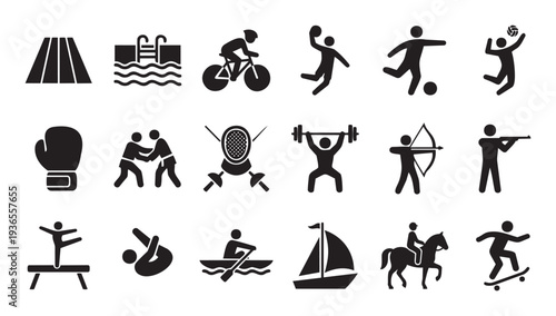 Comprehensive collection of sport activity and physical exercise silhouette icons ideal for graphic user interfaces, web illustrations, app icons, and educational material