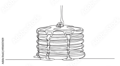 Delicious stack of freshly cooked breakfast pancakes generously topped with golden syrup in a contemporary continuous line drawing style perfect for culinary presentations or menu designs