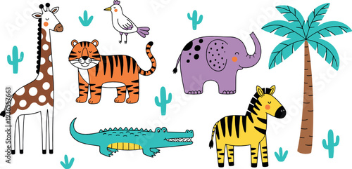 Cute safari animals cartoon vector illustration set with giraffe tiger elephant zebra crocodile bird palm tree and desert cactus