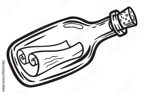 Stylized black and white line drawing of a message in a bottle containing a rolled scroll with a secured cork, suitable for conveying secret information, distant communication, or old