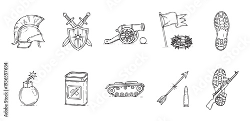 A collection of handdrawn military and warfare icons, including ancient armor, weaponry, modern explosives, and battle symbols, perfect for historical, educational, or gaming graphic assets.