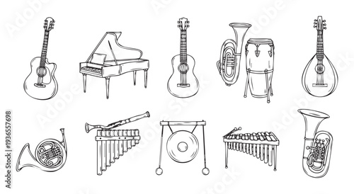 A comprehensive collection of various hand drawn musical instruments in a simplified outline style perfect for education materials, music themed graphic projects, and artistic presentations
