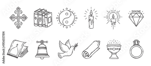 Collection of hand drawn line icons depicting various religious and spiritual symbols like a cross, bibles, yinyang, candles, prayer rug, dove, and chalice for graphic projects and print