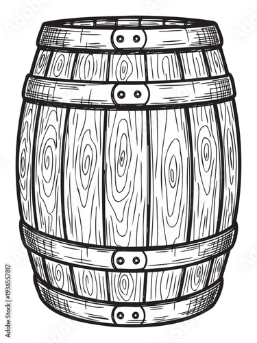 This graphic depiction of an oldfashioned oak barrel with visible wood grain and sturdy metal bands provides a timeless visual for winery labels, brewery advertisements, or historical