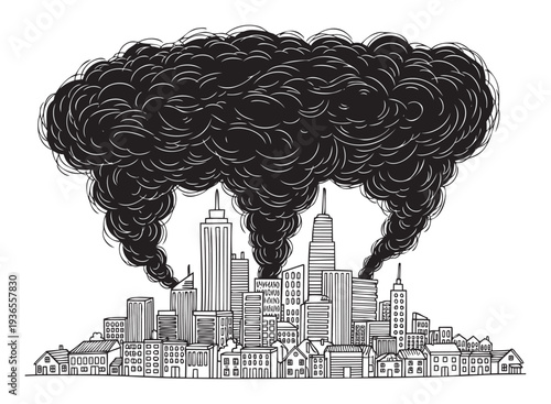 Black and white graphic of a city skyline with buildings emitting thick black smoke, effectively representing severe urban pollution and environmental concerns, ideal for advocacy and