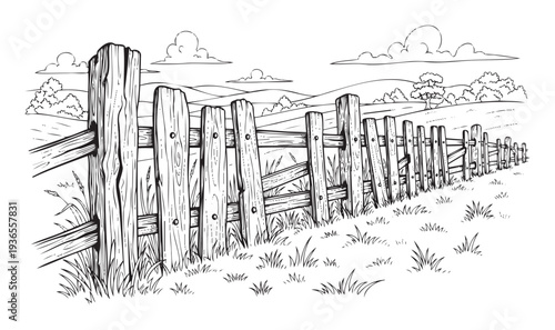 A charming black and white countryside scene featuring a long wooden fence, rolling hills, and scattered trees, perfect for a naturethemed coloring book or childrens activity material
