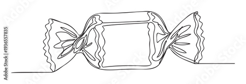 A simple continuous line drawing illustrating a wrapped candy with twisted ends, ideal for confectionery branding, sweet packaging, or minimalist foodrelated graphic designs.