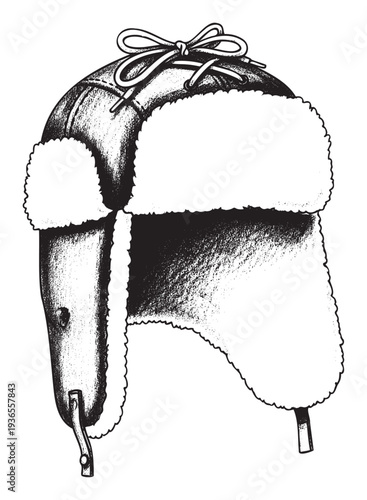 Classic black and white handdrawn winter trapper hat with fur lining and tie laces, perfect for seasonal clothing catalogs, cold weather apparel advertisements, or adventurethemed graphic