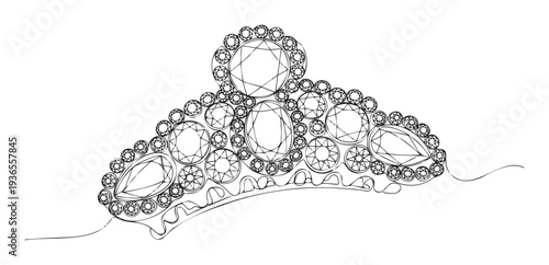 Elegant line drawing of a sparkling diamond tiara adorned with numerous round and teardrop shaped gems, perfect for luxury jewelry promotions or childrens coloring book pages.