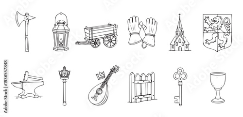 Comprehensive collection of medieval and historical objects, including tools, symbols, and instruments, perfect for enriching game interfaces, educational materials, or illustrative graphic