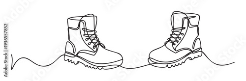 Stylized continuous line drawing depicting two rugged work boots, excellent for graphic applications, apparel branding, or outdoor adventure promotions