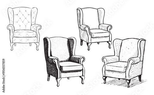 Collection of classic armchairs depicted in a detailed handdrawn sketch style, perfect for interior design projects, furniture branding, or home decor concepts