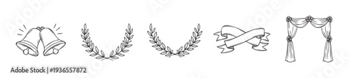 Hand drawn set of wedding celebration elements including ringing bells, decorative leaf wreaths, a flowing ribbon, and an elegant arch canopy, perfect for event invitations and festive