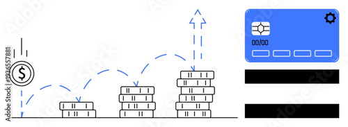 Coins increasing in stacks with an upward arrow and credit card emphasize monetary savings, investment, profit, banking, finance strategy, economic stability, wealth management, simple flat metaphor