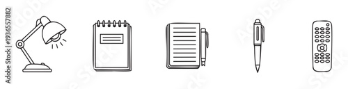 Modern line drawing icon set featuring essential daily objects such as a desk lamp, spiral notebook, writing pen, and television remote control, ideal for web graphics or informational