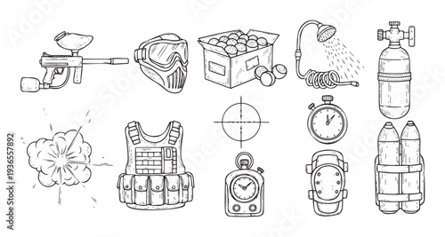 Paintball game equipment and accessories collection presented as line art icons ideal for sports activity guides, team event promotions, or adventure game graphics.