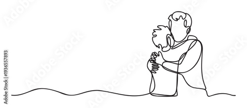 Modern single line drawing of a person consoling another with a heartfelt hug, ideal for themes of empathy, care, and human connection in various media