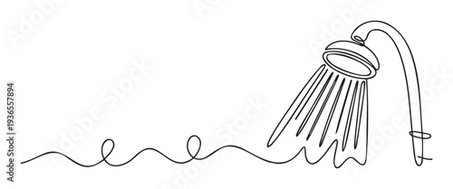 Simple continuous line drawing of a shower head spraying refreshing water, ideal for bathroom fixture promotions, personal hygiene awareness campaigns, or wellness and spa service