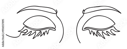 Minimalist outline drawing of closed human eyes with long eyelashes depicting tranquility and serenity for meditation, spa, or wellbeing projects