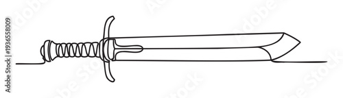 Minimalist continuous line drawing of a powerful medieval sword representing strength and defense, perfect for game assets, historical themes, or symbolic graphic applications.