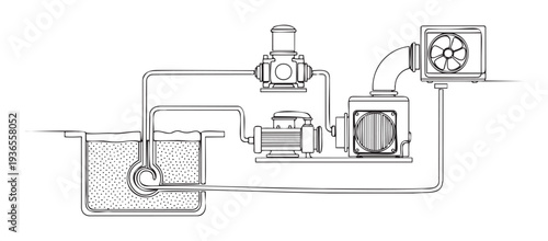 A complex fluid circulation system diagram showing a pump, heat exchanger with a fan, and coiled pipes submerged in a reservoir, ideal for engineering, industrial, or educational material