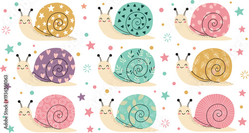 Cute snail cartoon seamless pattern flat vector illustration with colorful shells stars hearts and playful background