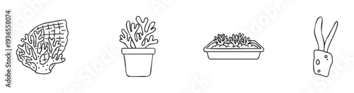 Simple black outline illustrations featuring diverse natural elements like a branching coral, a plant in a pot, a tray of growing seedlings, and a unique organic shape, great for