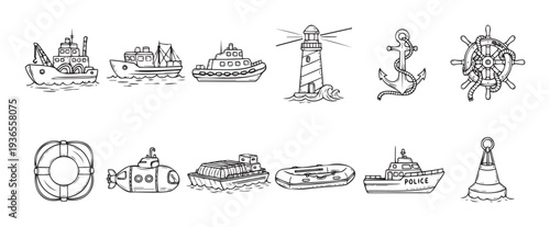 A versatile collection of hand drawn line art depicting various maritime vehicles and essential nautical symbols, suitable for enriching educational content and diverse graphic design