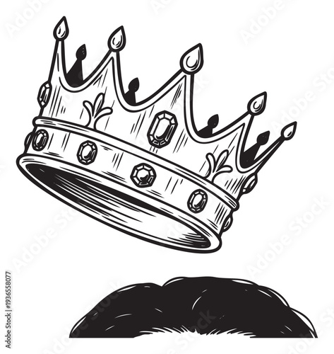 Bold black and white drawing of a majestic crown featuring sparkling jewels positioned over a hairstyle graphic ideal for unique print designs, digital avatars, and powerful statements.