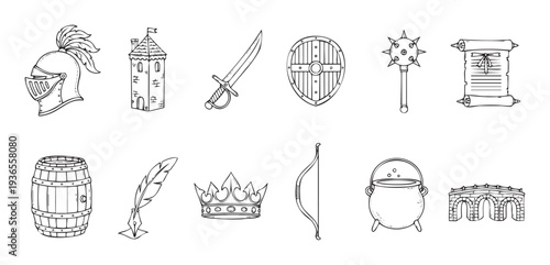 Set of doodle style medieval historical objects such as a knights helmet, castle, sword, shield, scroll, and a regal crown suitable for educational content, digital games, or graphic