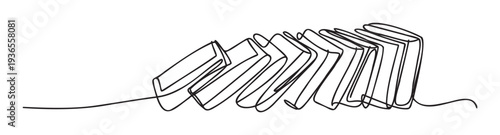 A continuous single line drawing depicts multiple books falling in a domino effect sequence, symbolizing education, knowledge transfer, learning process, and chain reactions for academic or