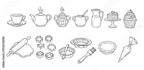 Collection of kitchen utensils and baked goods for tea time and home baking, perfect for cooking blogs, recipe books, or food service promotions
