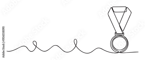 Minimalist continuous line drawing of a sports medal with a flowing ribbon representing triumph and success, ideal for illustrating concepts of winning, achievement, or reaching a goal.